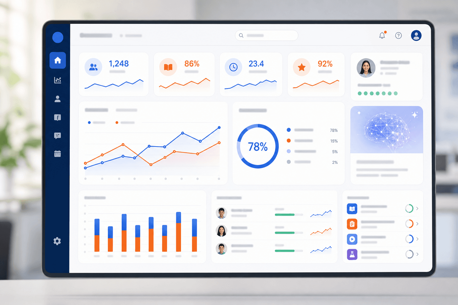 Stylized education platform dashboard with analytics charts and AI-assisted learning metrics